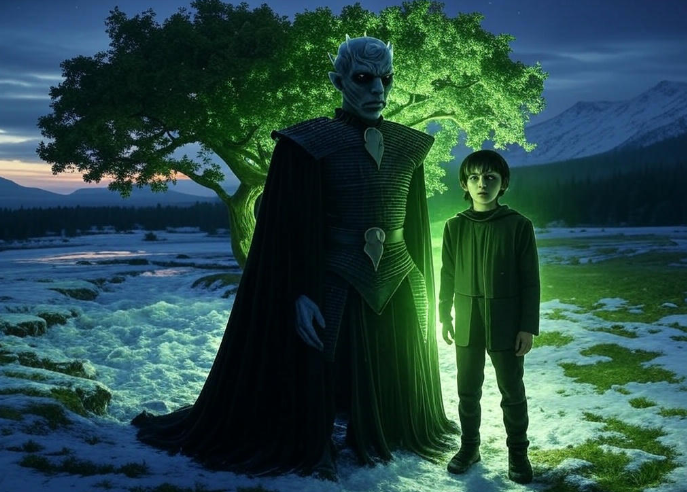 Icy figure with child outdoors