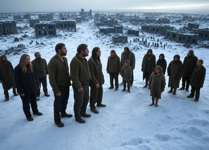 People in snowy ruins