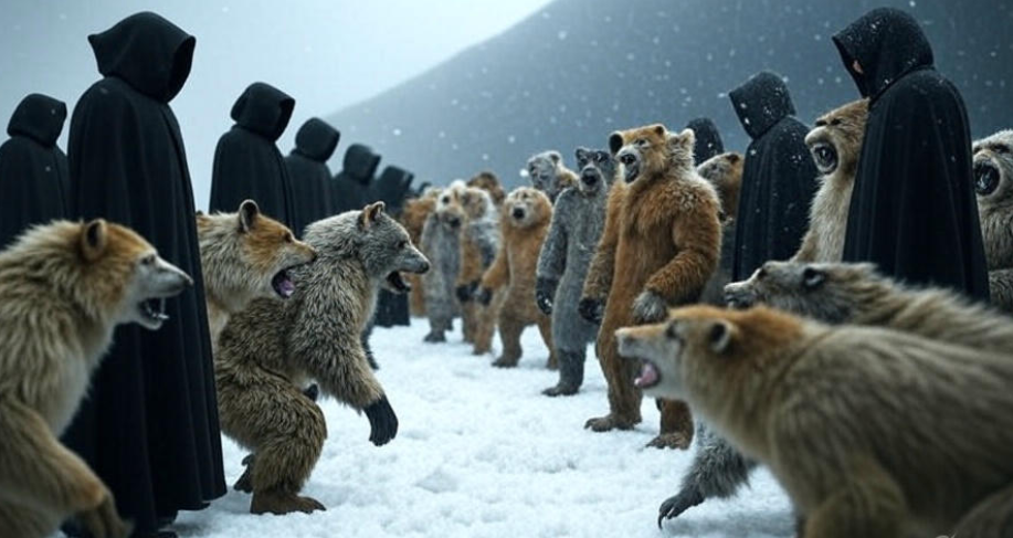 Hooded figures fierce bears snow