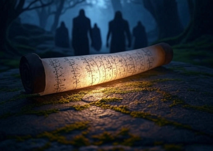 Glowing scroll forest shadowy figures