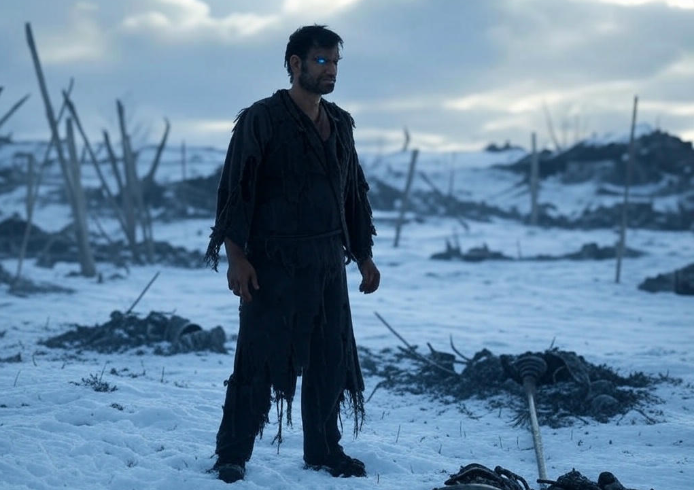 Lone warrior snowy battlefield