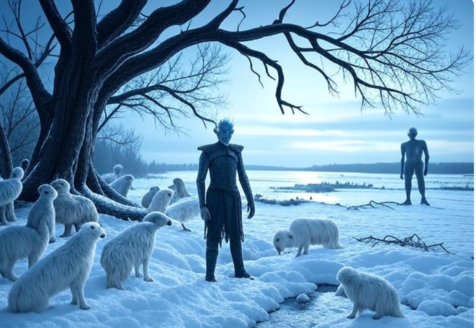 Icy warrior snowy landscape wolves
