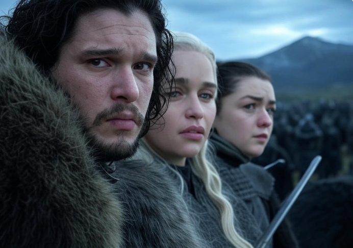 Three warriors in snowy landscape