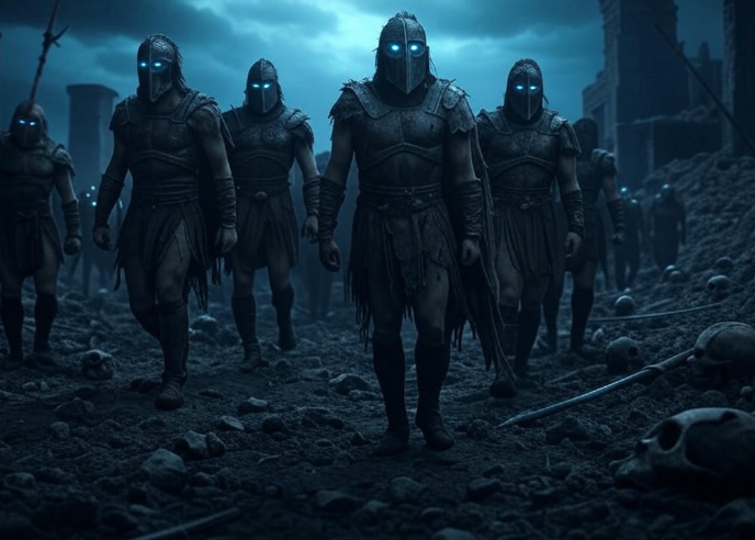 Armored warriors march battlefield