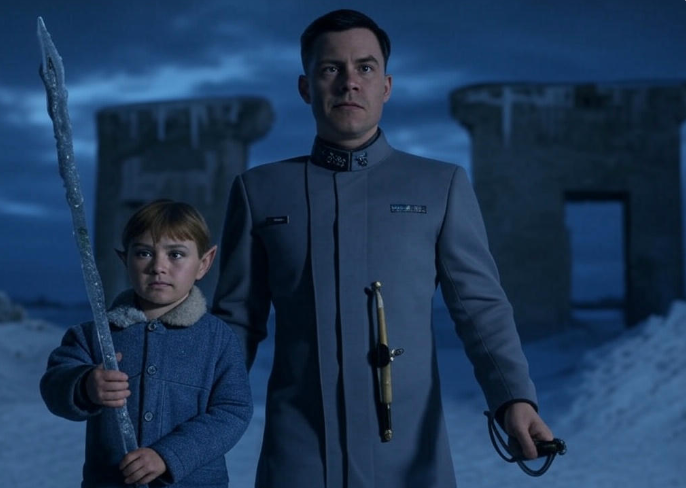Boy and soldier in snow

