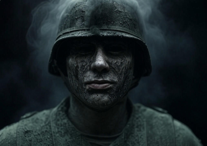 Soldier in foggy darkness