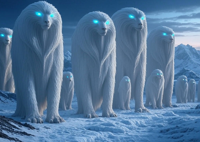 White creatures snowy mountains