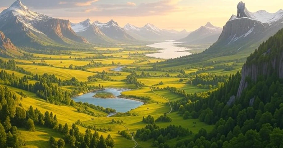 Lush valley snowy mountains