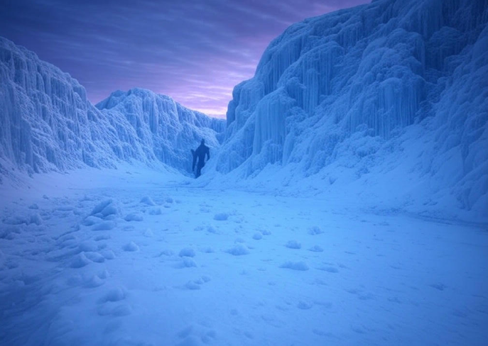 Person walks icy canyon path