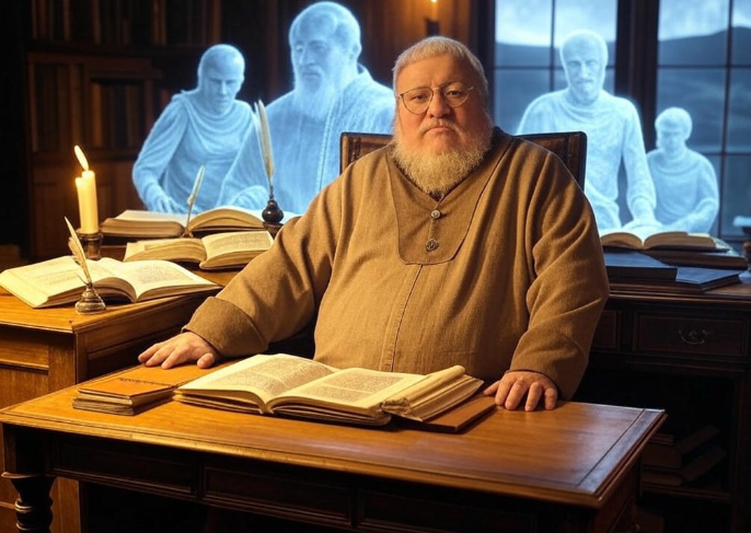 Scholar with ghostly figures