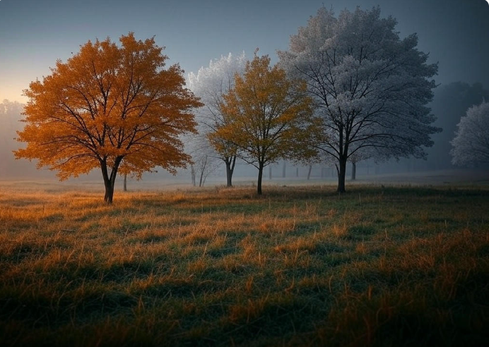 Misty field colorful trees