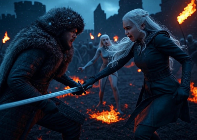 Two warriors fighting fiery battlefield