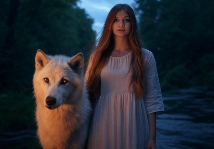 Girl white wolf forest dusk