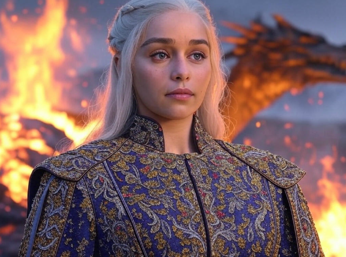Woman dragon fire background