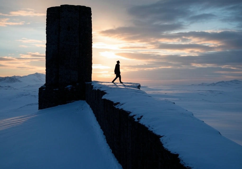 Lone figure snowy tower