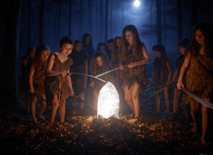 Group around glowing crystal forest