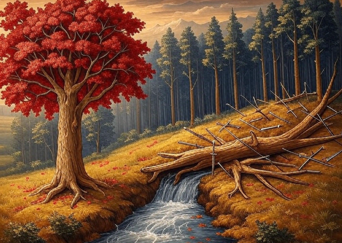 Red tree by stream