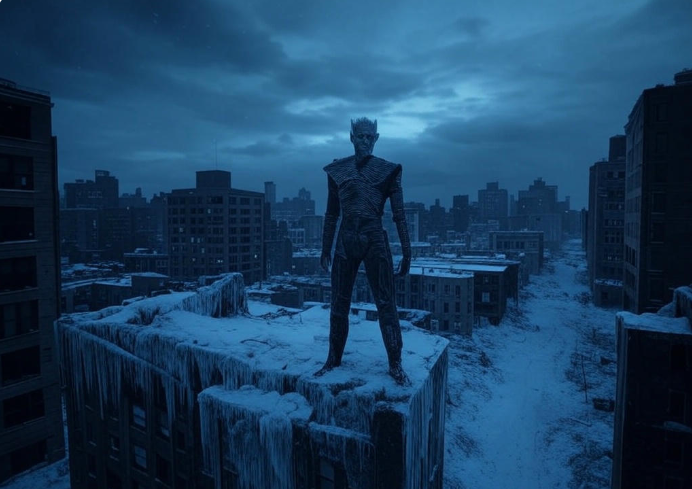 Icy figure atop snowy city