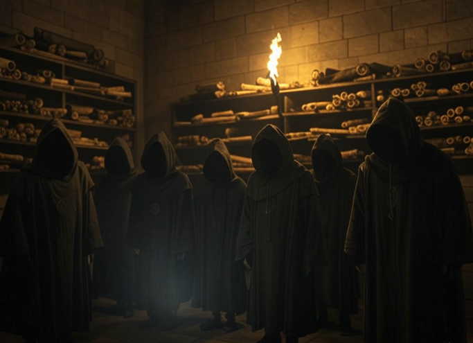Hooded figures in library