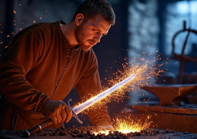 Blacksmith forging glowing sword