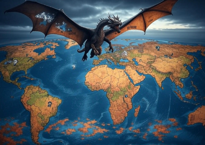 Dragon flying over world map