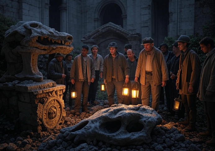 Men with lanterns fossils
