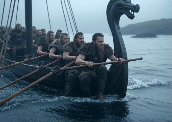 Vikings row dragon ship