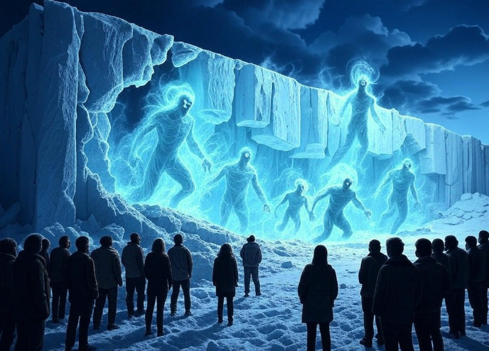 Glowing spirits emerge icy wall crowd watches