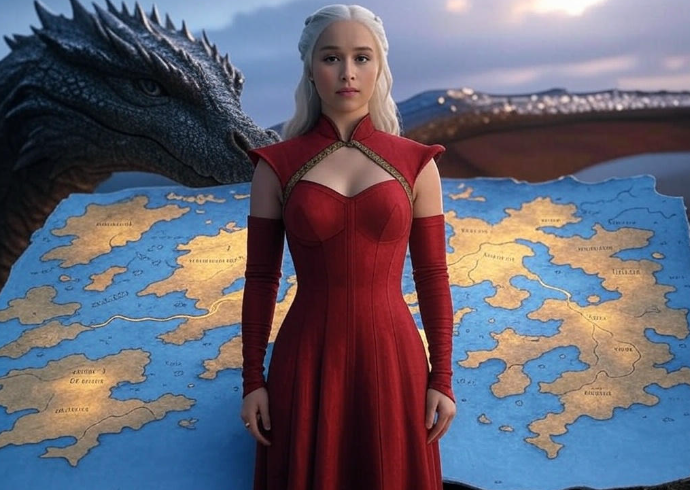 Woman in red dress dragon map