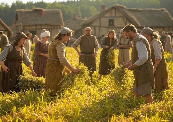 Villagers harvesting in field