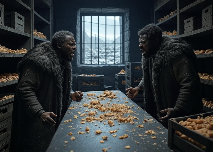 Men arguing over spilled food