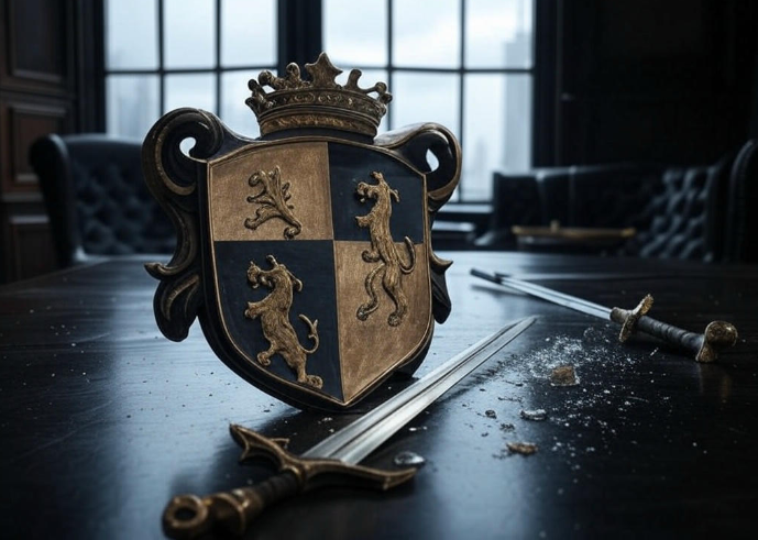 Crest with swords on table