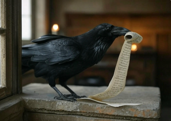 Raven holding scroll window