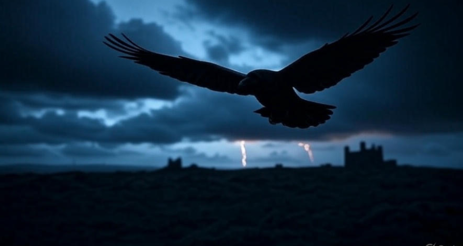 Raven flying near stormy castle