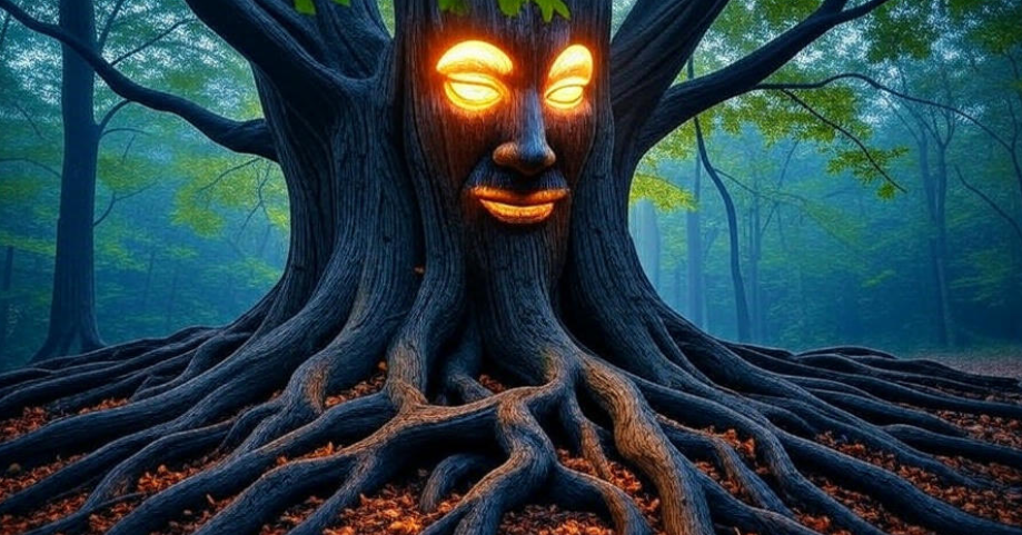 Glowing tree face forest