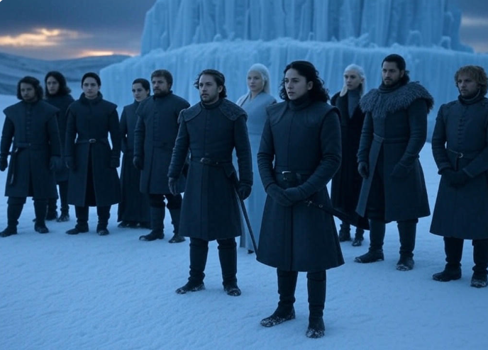 Group people snowy ice wall