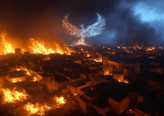 Phoenix over burning city