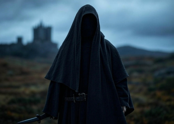 Hooded figure castle landscape sword