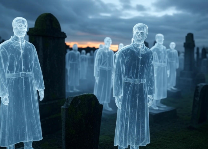 Ghosts haunting graveyard scene