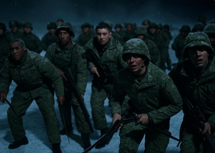 Soldiers charging snowy battlefield