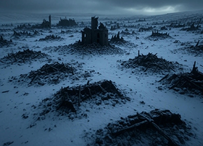 Desolate snowy battlefield ruins