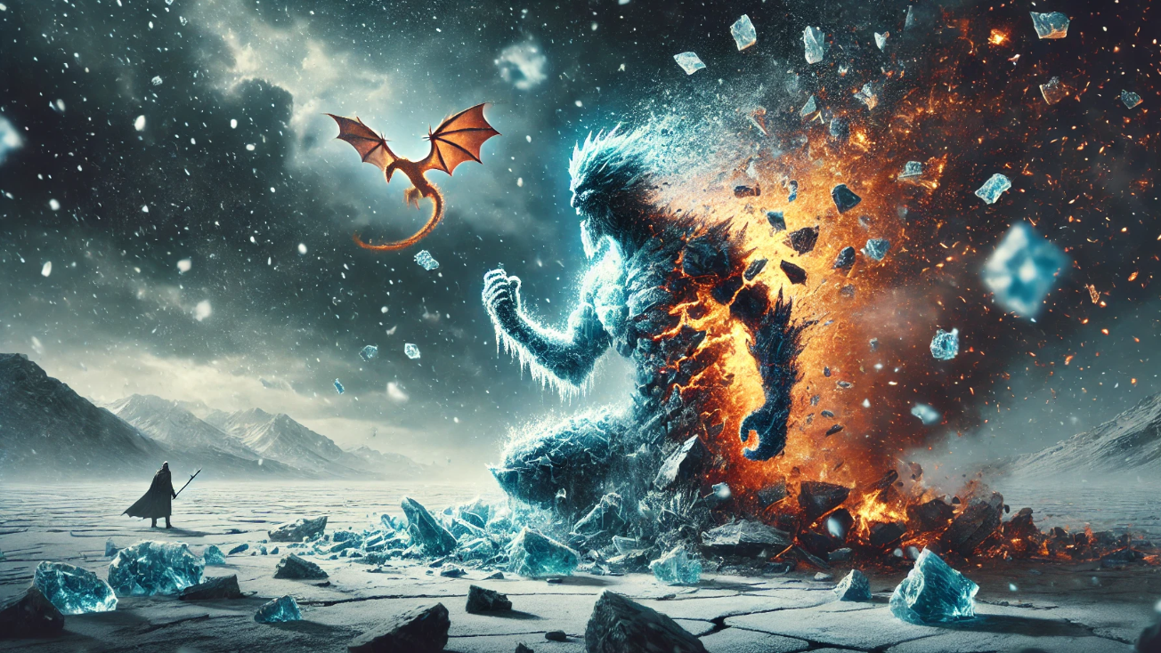 Giant ice fire creature battles