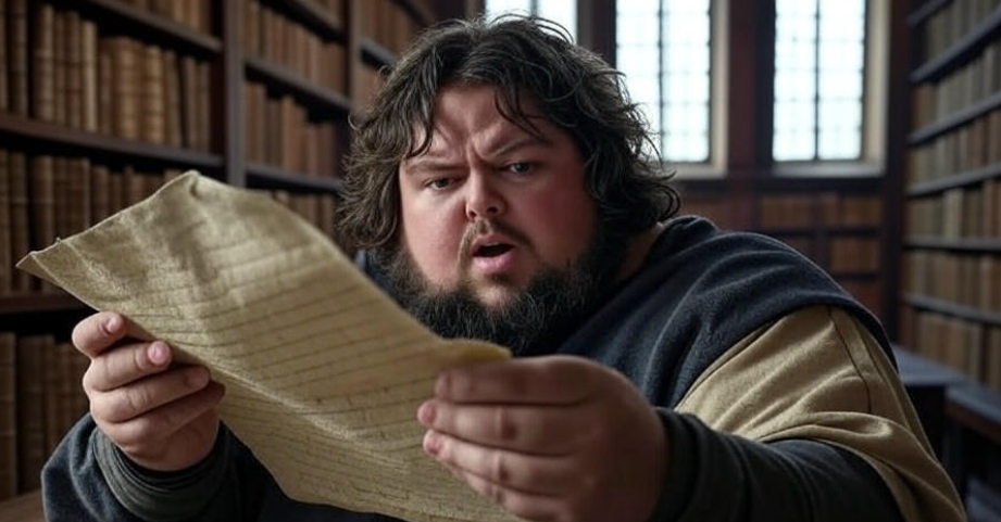 Man reading scroll library