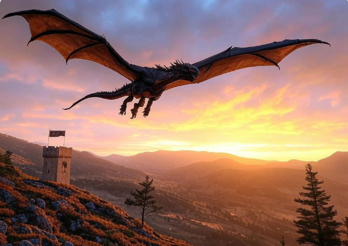Dragon flying sunset tower