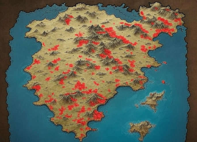 Map with red mountains