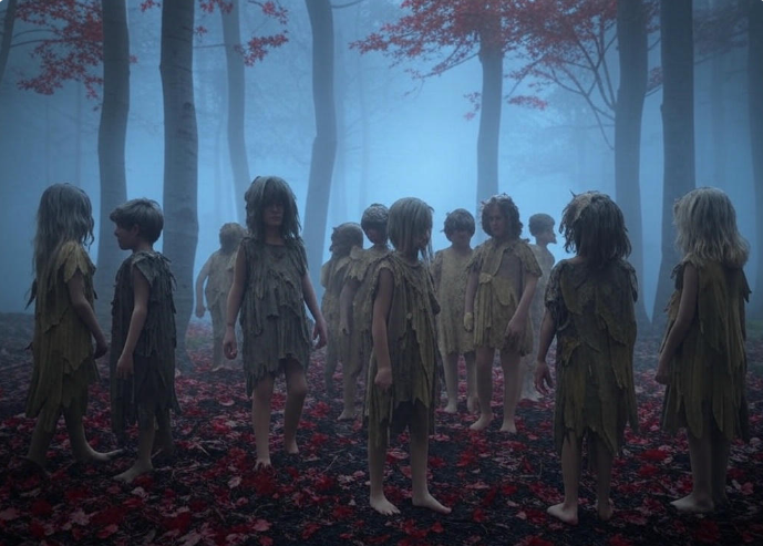 Children in eerie forest gathering