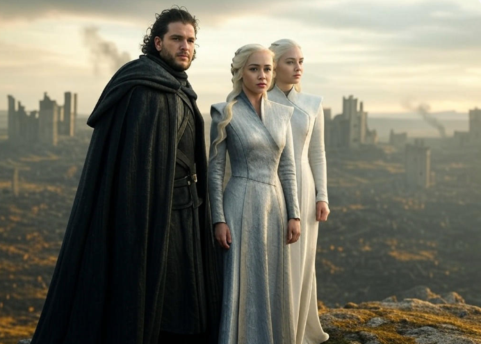 Trio overlooking ruined city