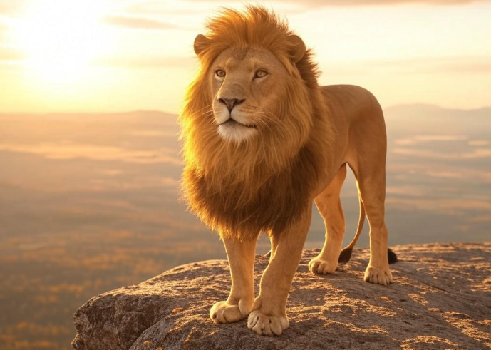 Lion on cliff sunset landscape