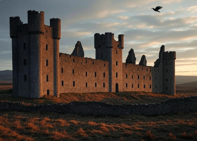 Ruined castle sunset bird