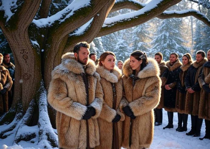 Group in snowy forest